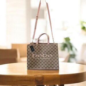 bebe Logo Pattern Beige Pink Tote Bag Adjustable Detachable Strap Gold Hardware